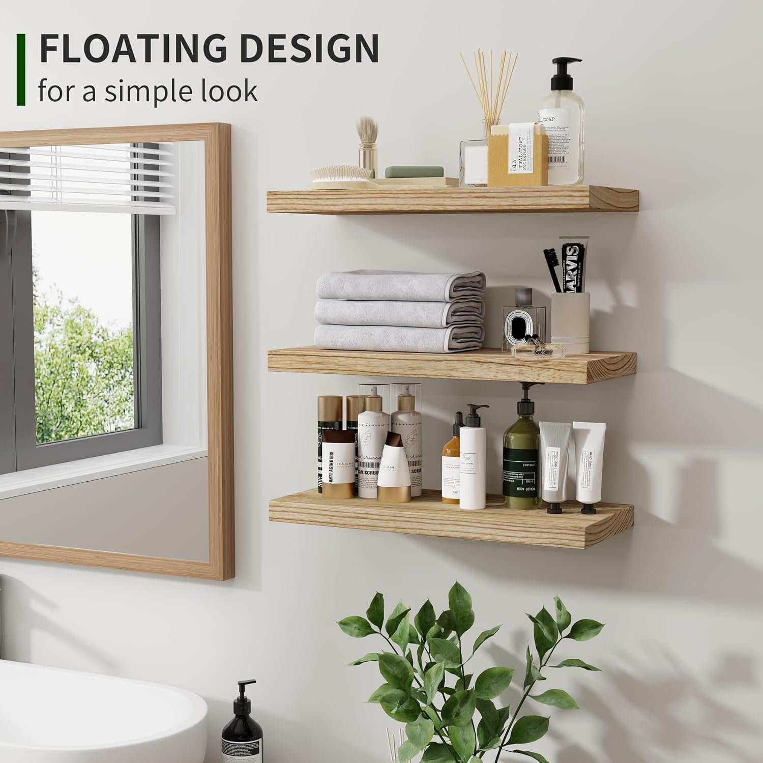 Wood Floating Wall Shelves Set of 3 – 17", Carbonized Black - Image 2
