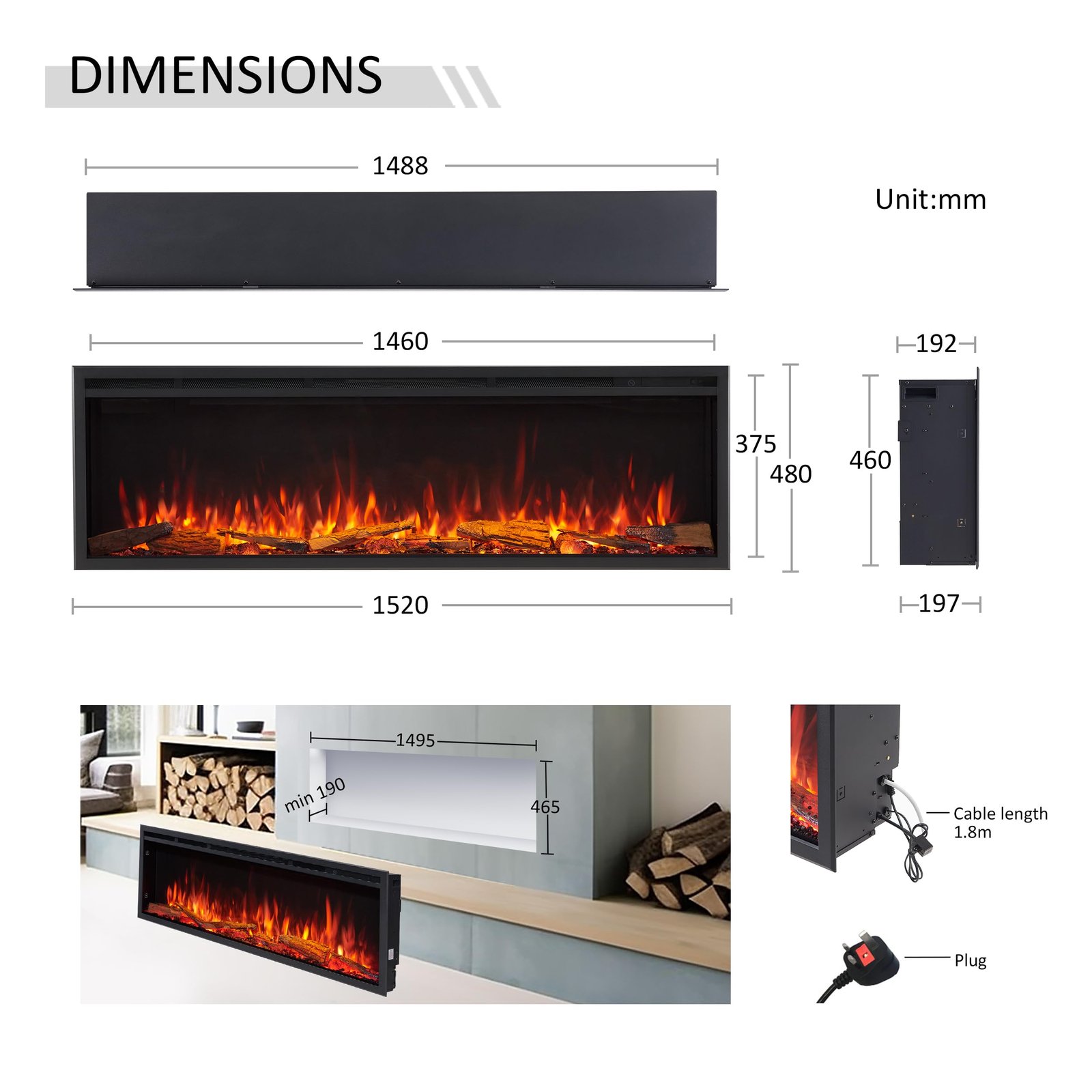 FLAMME 60"/152cm Castello Platinum Smart Inset Media Wall Electric Fireplace - Image 2