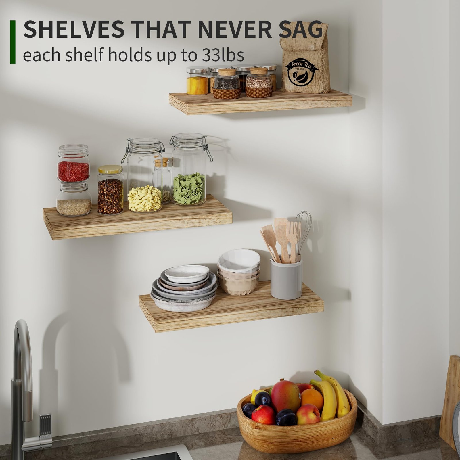 Wood Floating Wall Shelves Set of 3 – 17", Carbonized Black - Image 6
