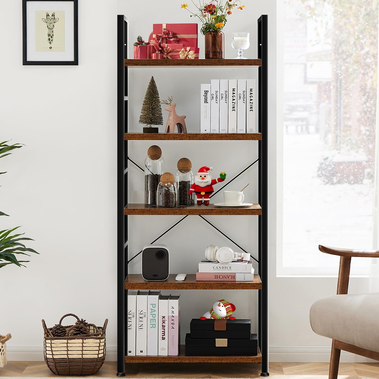 5-Tier Bookshelf – Rustic Brown, Home & Office Storage - Image 4