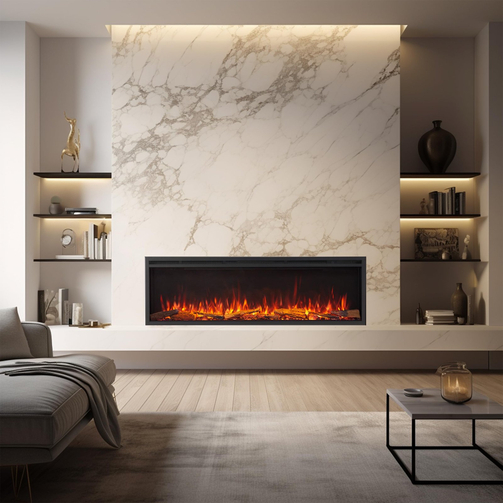 FLAMME 60"/152cm Castello Platinum Smart Inset Media Wall Electric Fireplace - Image 6