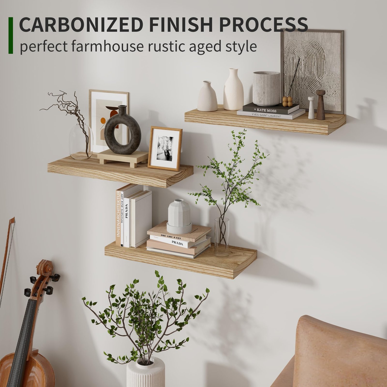 Wood Floating Wall Shelves Set of 3 – 17", Carbonized Black - Image 7