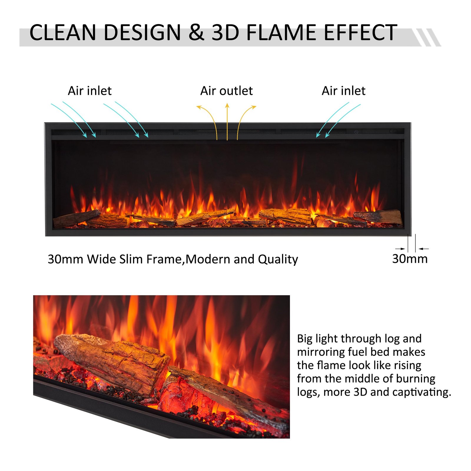 FLAMME 60"/152cm Castello Platinum Smart Inset Media Wall Electric Fireplace - Image 5